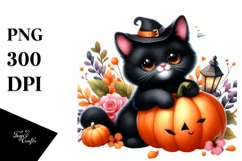 cute Baby Black Cat with Pumpkin | Clipart Product Image 1