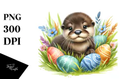 Willful Baby Otter Among Easter Eggs, PNG Product Image 1