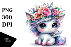 Cute Unicorn with Floral Wreath PNG Product Image 1