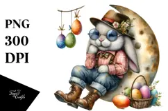 Watercolor Goofy Bunny with Flower Hat PNG Product Image 1