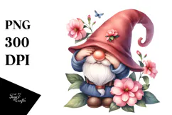 Cute Gnome with Big Hat and Impatiens, PNG Product Image 1