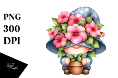 Cute Gnome with Big Hat and Impatiens, PNG Product Image 1