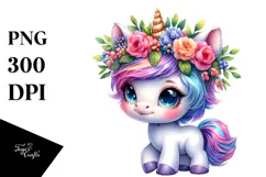 Playful Baby Unicorn with Floral Wreath, Transparent PNG Product Image 1