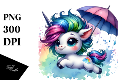 Funny Baby Unicorn Jumping with Umbrella, Transparent PNG Product Image 1