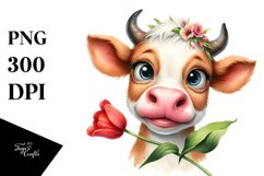 Cow Watercolor Bored Cow Portrait with Flowers Product Image 1