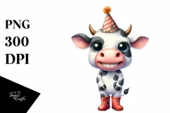 Watercolor Proud Cow in Party Hat | Clipart Product Image 1