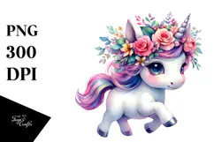 Cute Unicorn Running with Floral Wreath PNG Product Image 1
