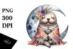 Watercolor Boho Baby Walrus Sleeping on the Moon Clipart Product Image 1