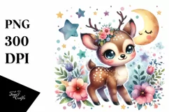 Colorful Small Baby Reindeer with Moon and Flowers | Clipart Product Image 1