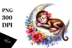 Vibrant Watercolor Baby Monkey Sleeping on the Moon Clipart Product Image 1