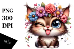 Exaggerated Cartoon Cat with Flower Crown PNG Product Image 1
