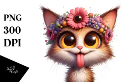 Exaggerated Cartoon Cat with Flower Crown PNG Product Image 1