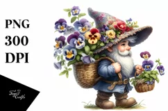 Small Gnome Carrying Large Pansy Bouquet | Clipart Product Image 1