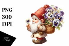 Small Gnome Carrying Large Pansy Bouquet | Clipart Product Image 3