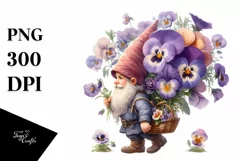 Small Gnome Carrying Large Pansy Bouquet | Clipart Product Image 3