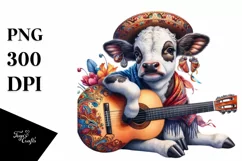 Baby Cow with Spanish Guitar, PNG Design Product Image 1