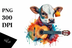 Colorful Baby Cow with Spanish Guitar, PNG Product Image 3