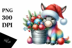 Whimsical Colorful Cute Donkey with Santa Hat, PNG Product Image 1
