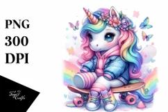 Baby Unicorn with Skateboard, Print-Ready PNG Product Image 1
