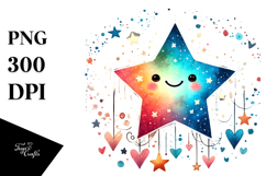 Smiling Star with Hearts Watercolor PNG Product Image 1