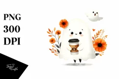 Halloween Cute Ghost Chick with Orange Accents and Coffe PNG Product Image 1