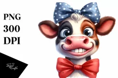 Cow Watercolor Funny Cow Portrait with Bow Product Image 1