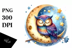Watercolor Vibrant Owl Sleeping on the Moon Product Image 3