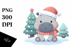Cute Baby Hippo with Christmas Tree, PNG Product Image 1