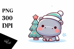 Cute Baby Hippo with Christmas Tree, PNG Product Image 3