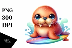 Colorful Small Baby Walrus on Surf Board | Clipart Product Image 3