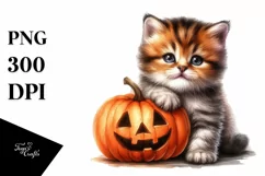 Cute Baby Kitten Sitting with Pumpkin, PNG Product Image 1