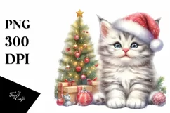 Cute Baby Kitten with Christmas Tree, PNG Product Image 1