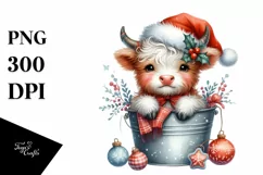 Whimsical Pastel Highland Baby Cow with Santa Hat, PNG Product Image 1