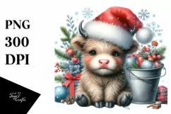 Whimsical Pastel Highland Baby Cow with Santa Hat, PNG Product Image 1
