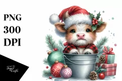 Whimsical Pastel Highland Baby Cow with Santa Hat, PNG Product Image 1