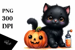Cute Baby Black Cat with Pumpkin | Sublimation Clipart Product Image 1