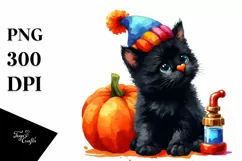 Cute Baby Black Cat with Pumpkin | Sublimation Clipart Product Image 1