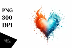 Simple Washed Watercolor Heart Made of Fire and Ice, PNG Product Image 1