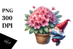Watercolor Gnome with Large Rhododendron, PNG Product Image 1