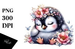 penguin,baby,penguin cuddling flower,transparent background Product Image 1