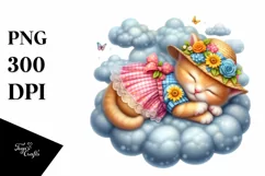 Vibrant Whimsical Baby Kitten Sleeping on the Cloud Clipart Product Image 4
