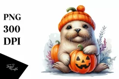 Cute Baby Walrus with Pumpkin PNG Product Image 3