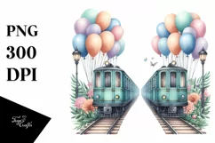 Vintage Subway Train Balloons Watercolor Clipart Product Image 1