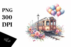 Vintage Subway Train Balloons Watercolor Clipart Product Image 3