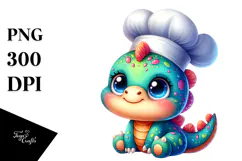 Funny Baby Dinosaur Smiling with Chef's Hat PNG Product Image 1