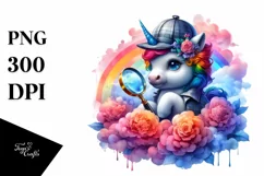 colorful Artistic Unicorn Wearing Detective Magnifying PNG Product Image 1