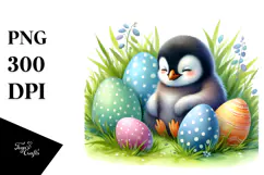 Digital Watercolor with Baby Penguin in Grass with Easter Product Image 1