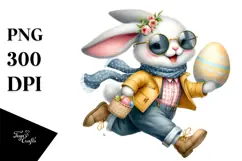 Watercolor Happy Bunny with Running Egg PNG Product Image 1