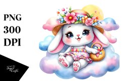 Colorful Baby Rabbit Sitting on Smiling Cloud PNG Product Image 1
