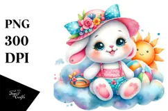 Colorful Baby Rabbit Sitting on Smiling Cloud PNG Product Image 1